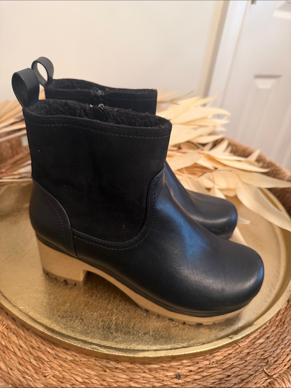 Universal Thread Black Leather & Suede Ankle Booties with Tan Lug Sole